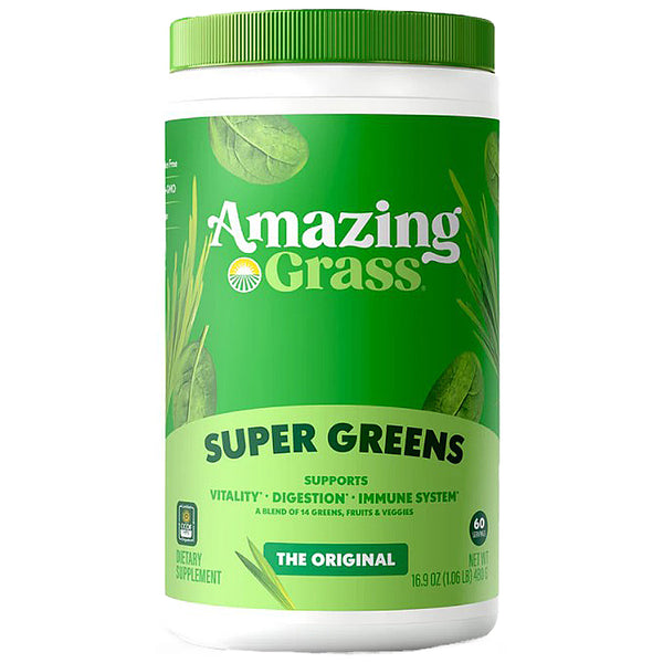 Green supplement container labeled 'Amazing Grass Super Greens' on a white background