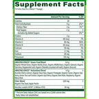 Supplement facts label for a green food blend with detailed nutritional information.