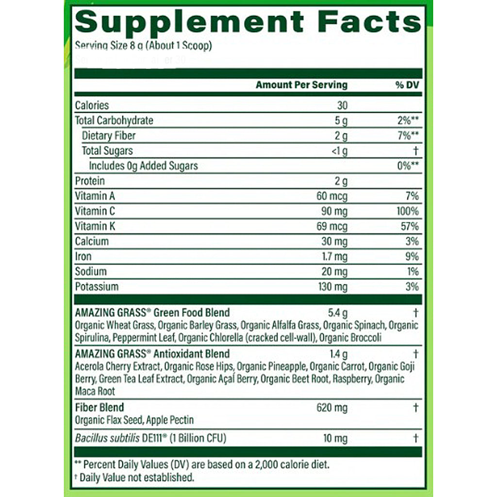 Supplement facts label for a green food blend with detailed nutritional information.