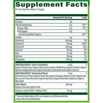 Supplement facts label for a green food blend with detailed nutritional information.