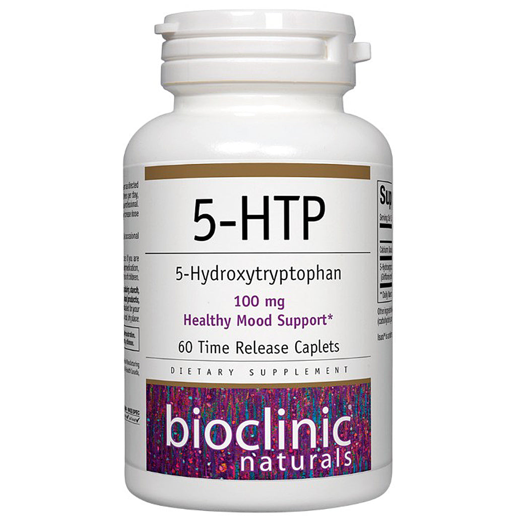 Supplement bottle labeled '5-HTP' with 'Bioclinic Naturals' branding on a white background
