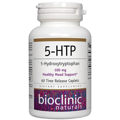 Supplement bottle labeled '5-HTP' with 'Bioclinic Naturals' branding on a white background