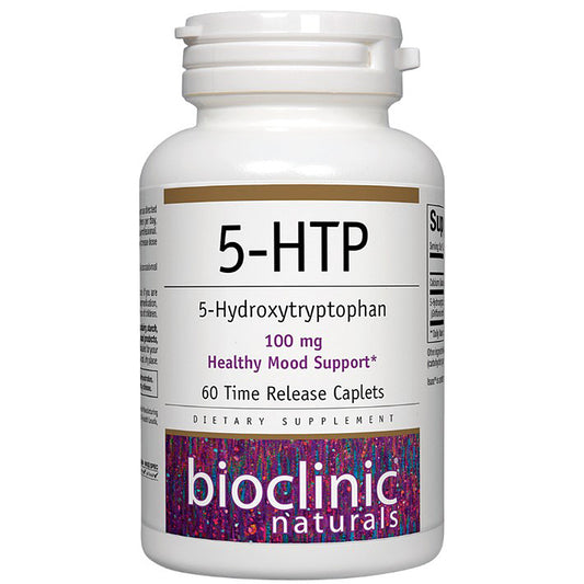 Supplement bottle labeled '5-HTP' with 'Bioclinic Naturals' branding on a white background