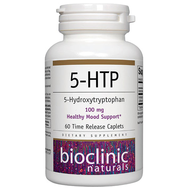 Supplement bottle labeled '5-HTP' with 'Bioclinic Naturals' branding on a white background
