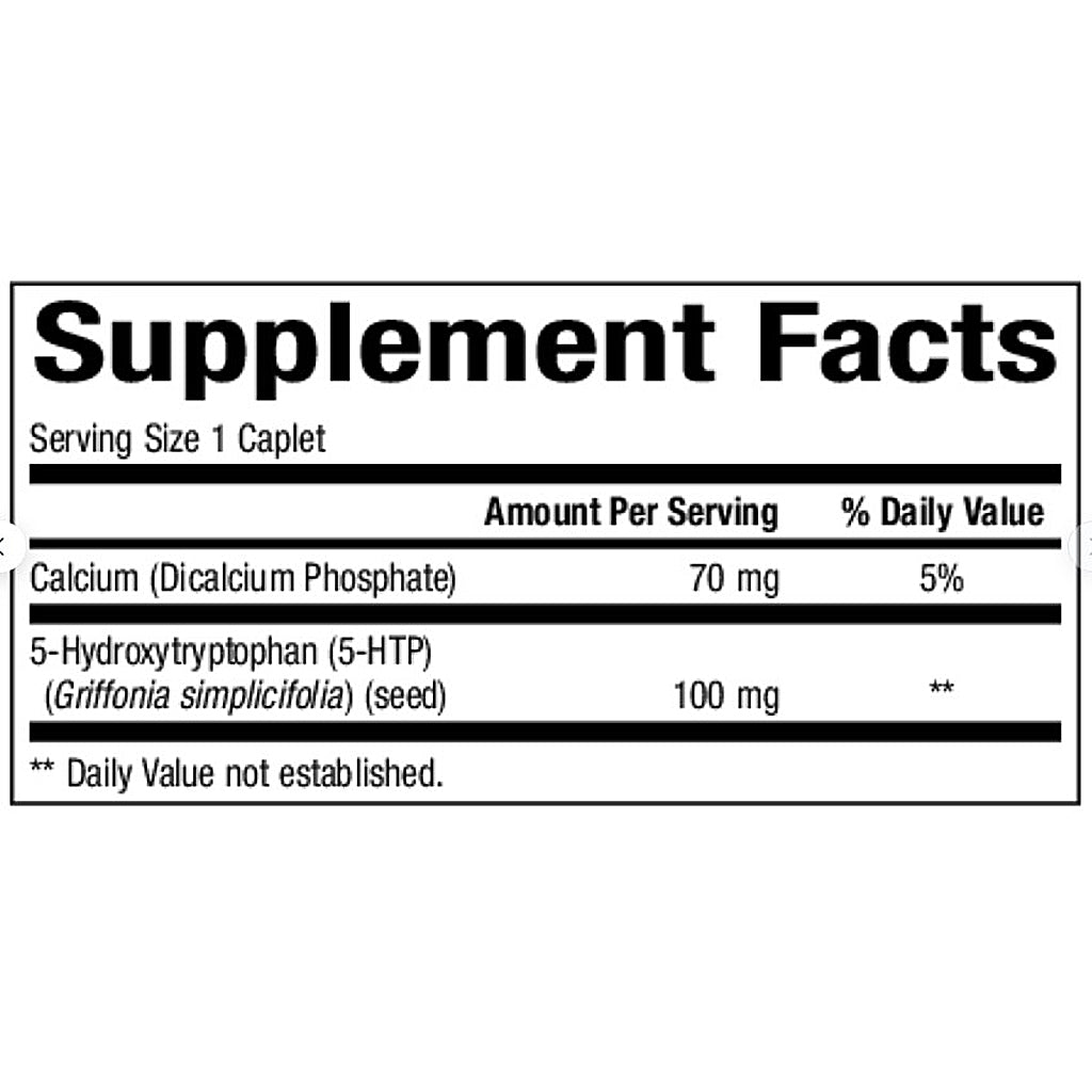 Supplement facts label with calcium and 5-HTP information on a white background