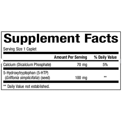 Supplement facts label with calcium and 5-HTP information on a white background