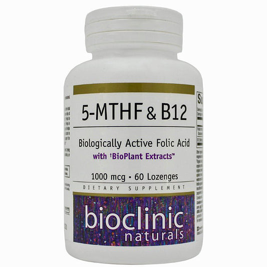 Supplement bottle labeled '5-MTHF & B12' by Bioclinic Naturals on a white background