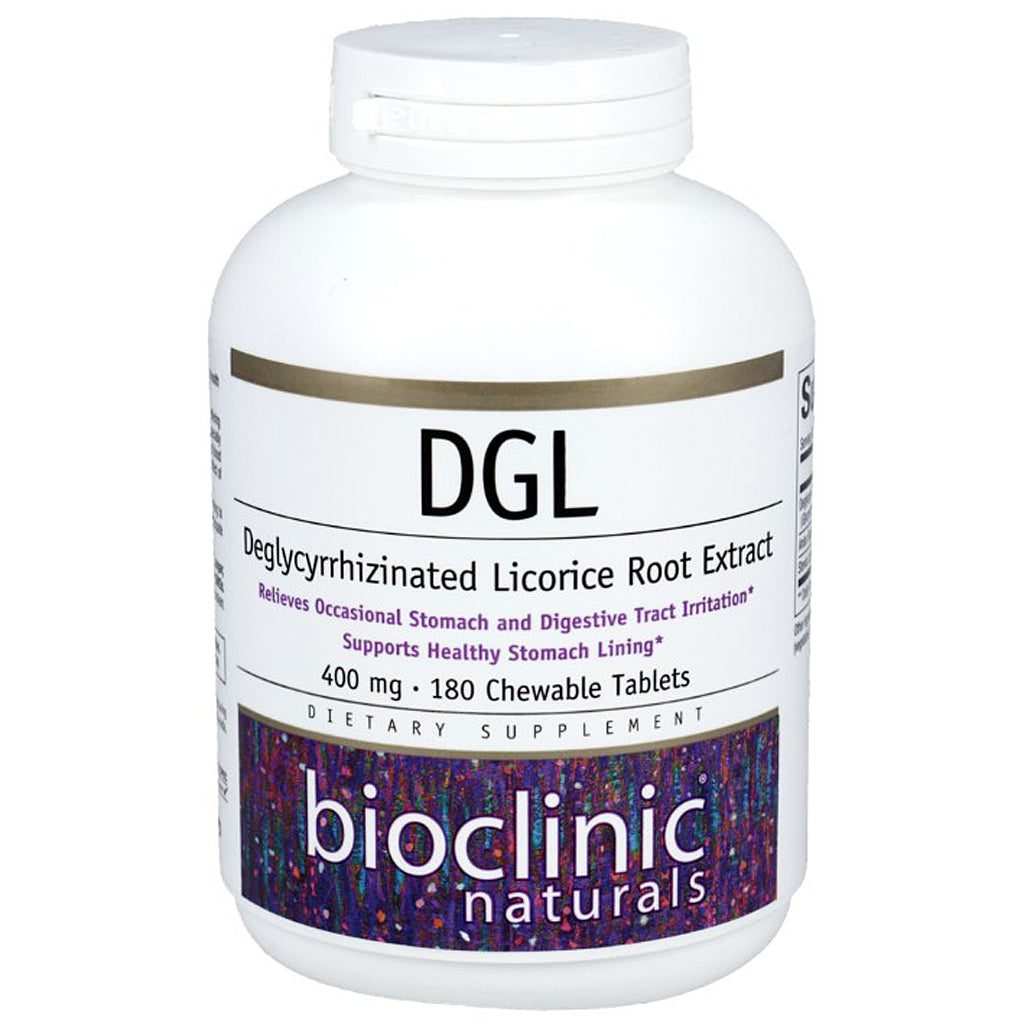 Supplement bottle labeled 'DGL' by Bioclinic Naturals on a white background