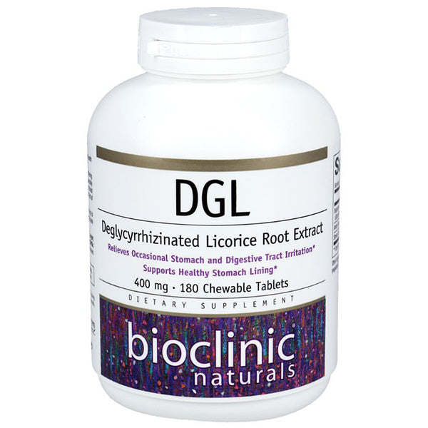 Supplement bottle labeled 'DGL' by Bioclinic Naturals on a white background