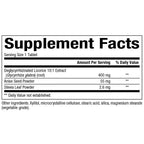 Supplement facts label with ingredients and values on a white background