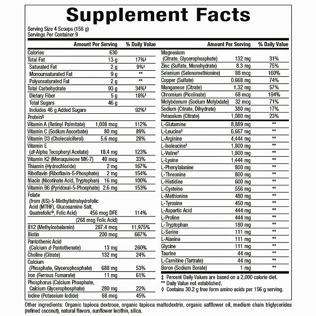 Supplement facts label with detailed nutritional information on a white background