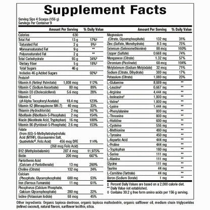 Supplement facts label with detailed nutritional information on a white background