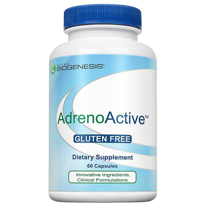A white bottle of BioGenesis AdrenoActive dietary supplement with a blue cap and a blue and white label, containing 60 capsules.