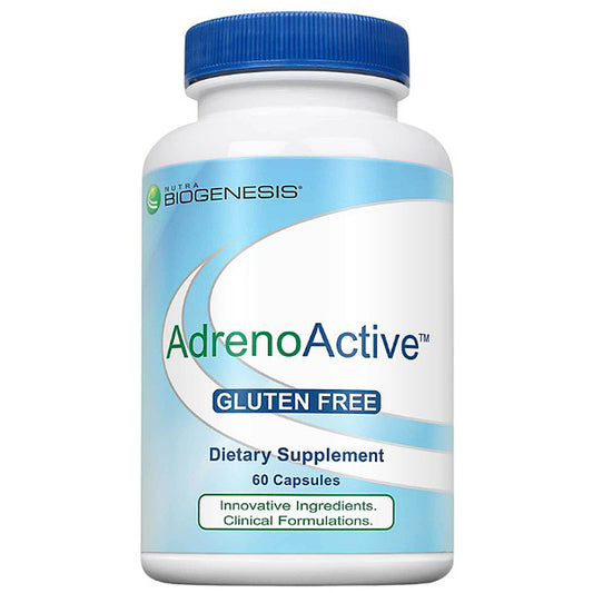 A white bottle of BioGenesis AdrenoActive dietary supplement with a blue cap and a blue and white label, containing 60 capsules.