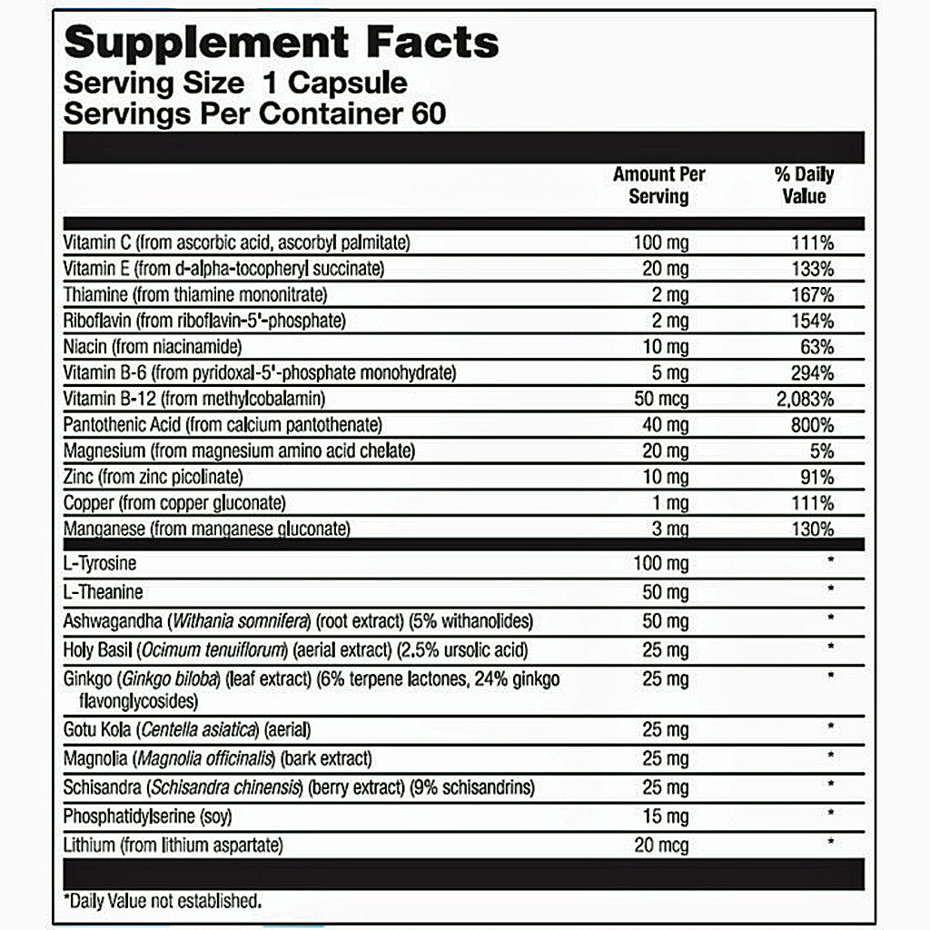 A black-and-white supplement facts label showing a supplement bottle with a detailed ingredients list. The label includes the header 'Supplement Facts', 'Serving Size 1 Capsule', 'Servings Per Container 60', and a table listing ingredients such as Vitamin C, Vitamin E, Thiamin, Riboflavin, Niacinamide, Vitamin B6, Vitamin B12, Pantene, Magnesium, Zinc, Copper, L-Tyrosine, Ashwagandha, Holy Basil, and others, with daily value percentages.
