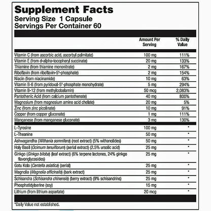 A black-and-white supplement facts label showing a supplement bottle with a detailed ingredients list. The label includes the header 'Supplement Facts', 'Serving Size 1 Capsule', 'Servings Per Container 60', and a table listing ingredients such as Vitamin C, Vitamin E, Thiamin, Riboflavin, Niacinamide, Vitamin B6, Vitamin B12, Pantene, Magnesium, Zinc, Copper, L-Tyrosine, Ashwagandha, Holy Basil, and others, with daily value percentages.