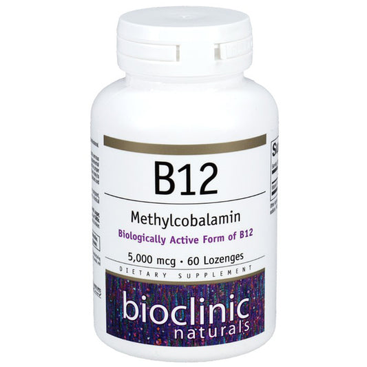 Supplement bottle labeled 'B12' with 'bioclinic naturals' branding on a white background