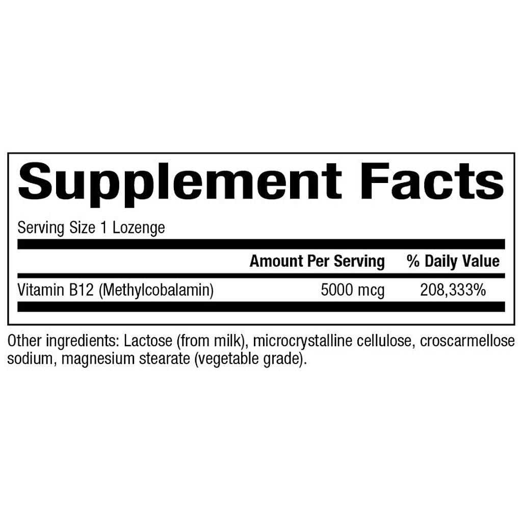 Supplement facts label for Vitamin B12 lozenges on a white background