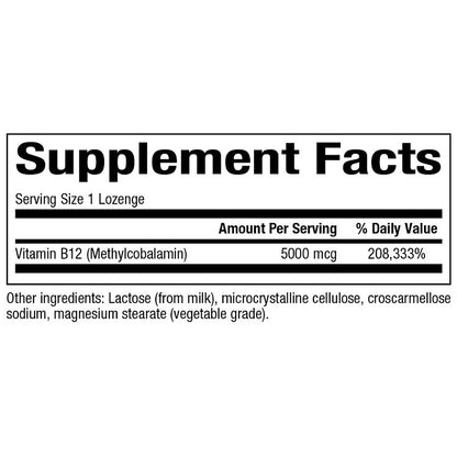 Supplement facts label for Vitamin B12 lozenges on a white background