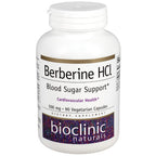 Supplement bottle labeled 'Berberine HCL' for blood sugar support by Bioclinic Naturals on a white background.