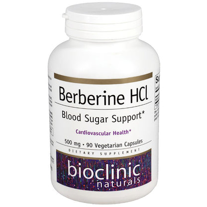 Supplement bottle labeled 'Berberine HCL' for blood sugar support by Bioclinic Naturals on a white background.