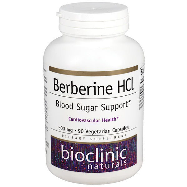 Supplement bottle labeled 'Berberine HCL' for blood sugar support by Bioclinic Naturals on a white background.