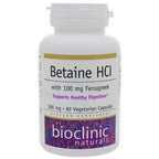 Supplement bottle labeled 'Betaine HCl' with 'Bioclinic Naturals' branding on a white background