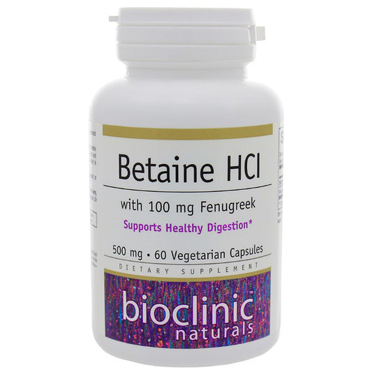 Supplement bottle labeled 'Betaine HCl' with 'Bioclinic Naturals' branding on a white background