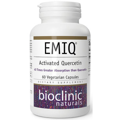 EMIQ Activated Quercetin supplement bottle with Bioclinic Naturals branding on a white background