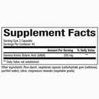 Supplement facts label for Gamma Amino Butyric Acid (GABA) capsules on a white background