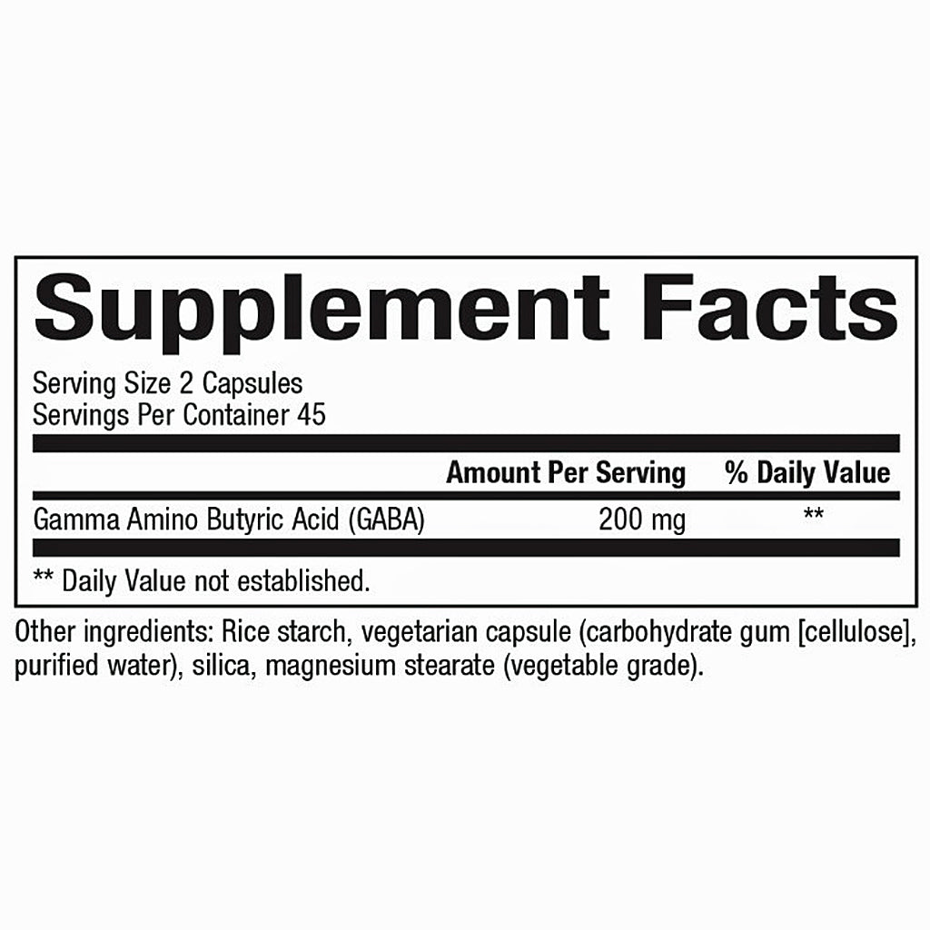 Supplement facts label for Gamma Amino Butyric Acid (GABA) capsules on a white background
