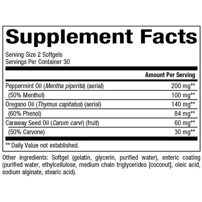 Supplement facts label with peppermint, oregano, and caraway seed oil content.
