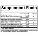 Supplement facts label with various herbal extracts and their amounts per serving.