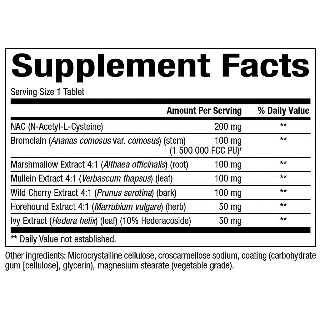 Supplement facts label with various herbal extracts and their amounts per serving.
