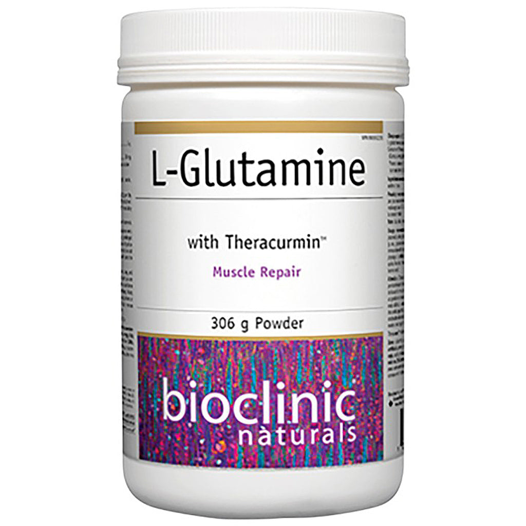 L-Glutamine powder container with Theracurmin from Bioclinic Naturals on a white background