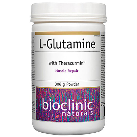 L-Glutamine powder container with Theracurmin from Bioclinic Naturals on a white background