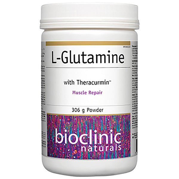 L-Glutamine powder container with Theracurmin from Bioclinic Naturals on a white background