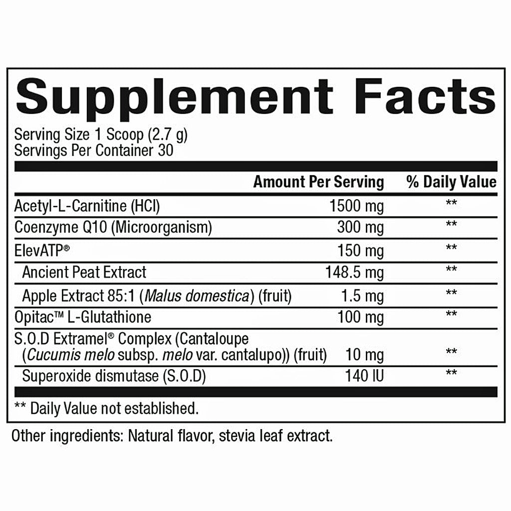 Supplement facts label with various ingredients and their amounts per serving.