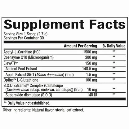 Supplement facts label with various ingredients and their amounts per serving.