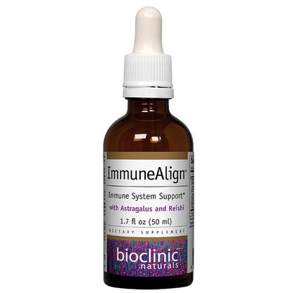 Bottle of ImmuneAlign supplement with dropper on a white background