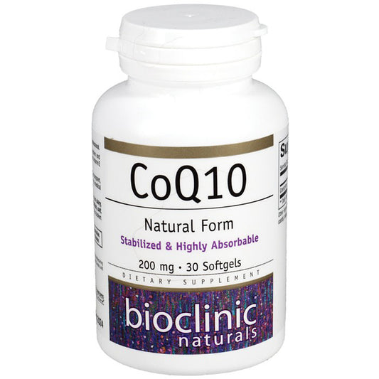 Supplement bottle labeled 'CoQ10' by Bioclinic Naturals on a white background