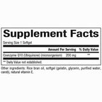 Supplement facts label with Coenzyme Q10 content on a white background