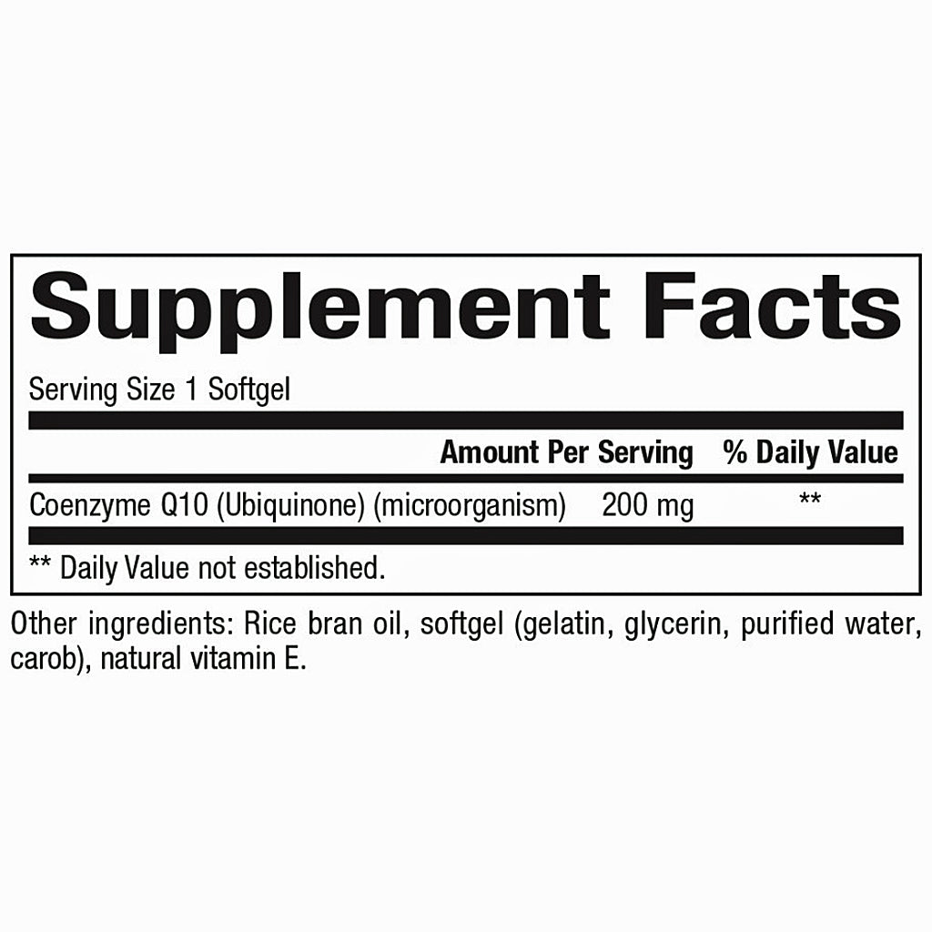 Supplement facts label with Coenzyme Q10 content on a white background