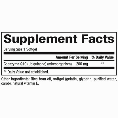 Supplement facts label with Coenzyme Q10 content on a white background