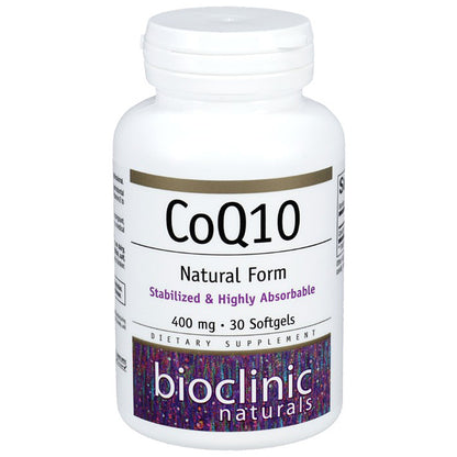 Supplement bottle labeled 'CoQ10' by Bioclinic Naturals on a white background