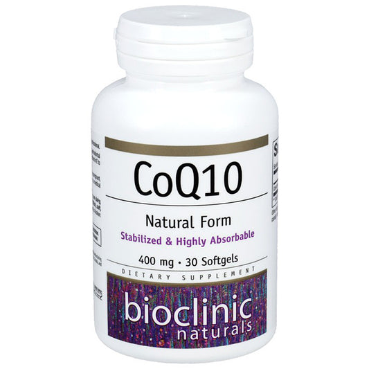 Supplement bottle labeled 'CoQ10' by Bioclinic Naturals on a white background