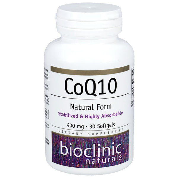 Supplement bottle labeled 'CoQ10' by Bioclinic Naturals on a white background