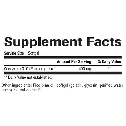 Supplement facts label for Coenzyme Q10 with serving size, amount per serving, and other ingredients listed.