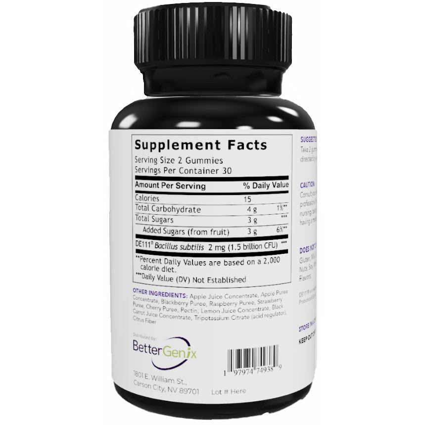 A black plastic bottle of BetterGenjx dietary supplement gummies, showing the back label with Supplement Facts, a barcode, and product details on a white background.