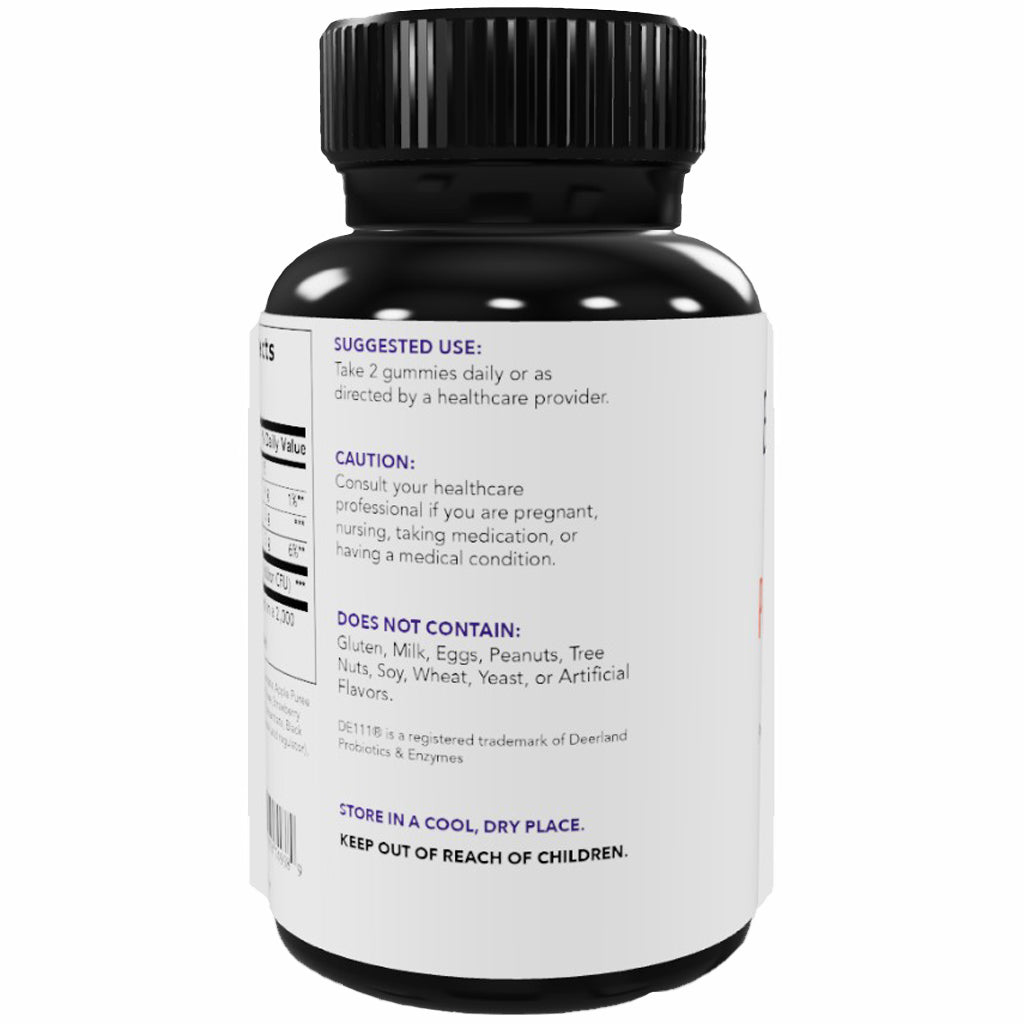 A black plastic bottle of dietary gummies with a white label showing the caution and suggested use text, photographed on a clean white background.